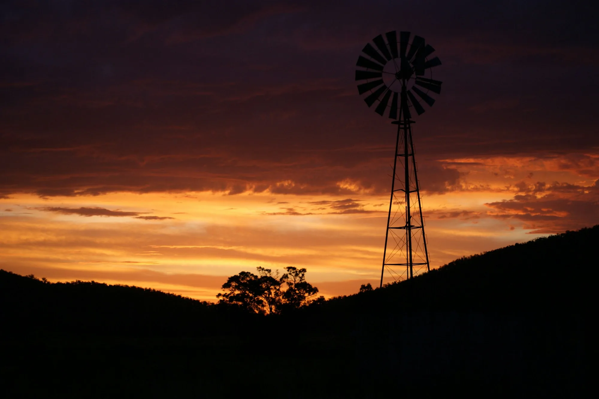 Windmill silhouetted against a dusk sky over open paddocks